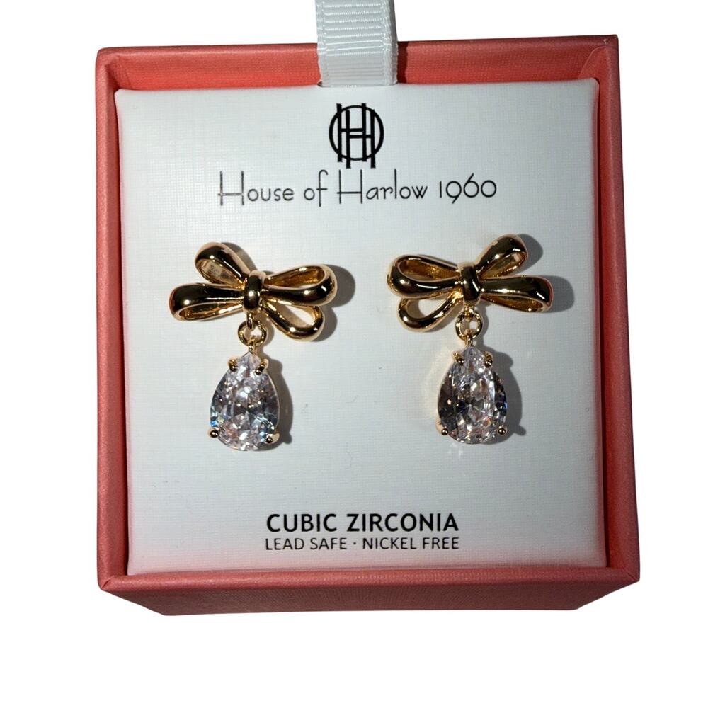 House of Harlow 1960 Gold Bow & Teardrop Cubic Zirconia Earrings NIB